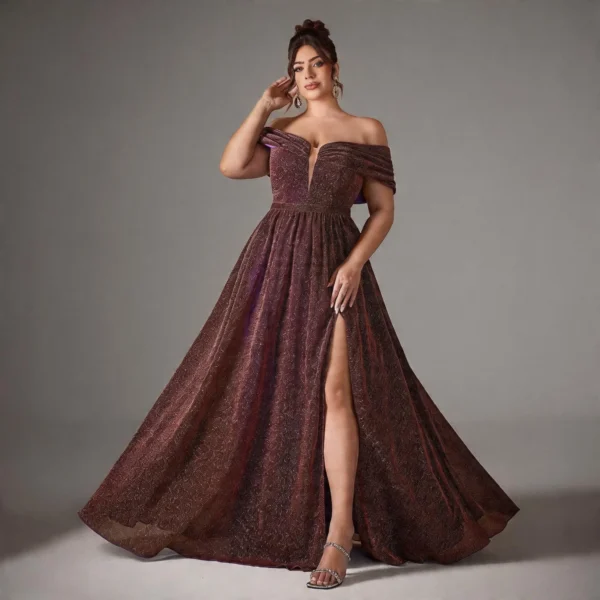 Off-Shoulder Evening Dress, Glitter Fabric with Slit