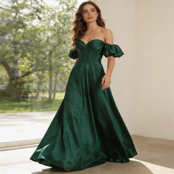 Emerald Green Off-Shoulder Glitter Gown, Puff Sleeve Corset Evening Dress