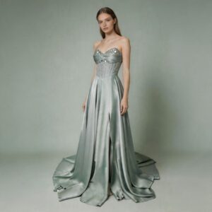 Sage Green Strapless Satin Gown, Beaded Corset Evening Dress with High Slit