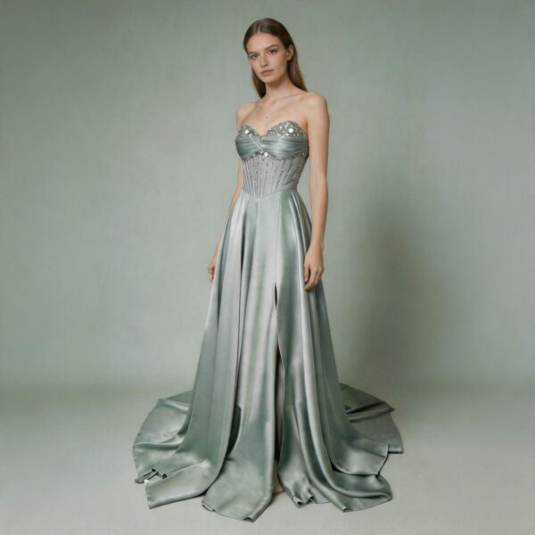 Sage Green Strapless Satin Gown, Beaded Corset Evening Dress with High Slit