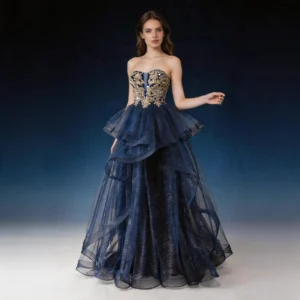 Navy Blue Strapless Glitter Tulle Gown, Gold Embroidered Corset Evening Dress