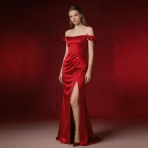 Red Off-Shoulder Satin Gown, Bow Mermaid Evening Dress with High Slit