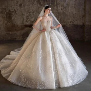 Timeless Off-the-Shoulder Sequin Tulle Ball Gown Wedding Dress with Sheer Long Sleeves