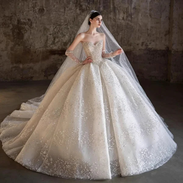 Timeless Off-the-Shoulder Sequin Tulle Ball Gown Wedding Dress with Sheer Long Sleeves