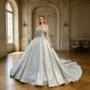 Timeless Off-the-Shoulder Sequin Ball Gown Wedding Dress with Cathedral Train