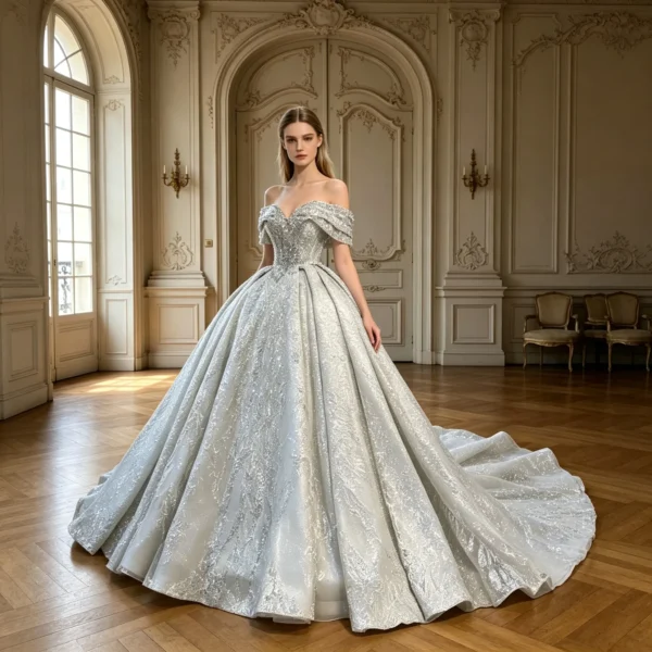 Timeless Off-the-Shoulder Sequin Ball Gown Wedding Dress with Cathedral Train