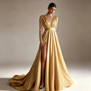 Golden Satin Long-Sleeve Wedding Gown with Illusion Lace Bodice