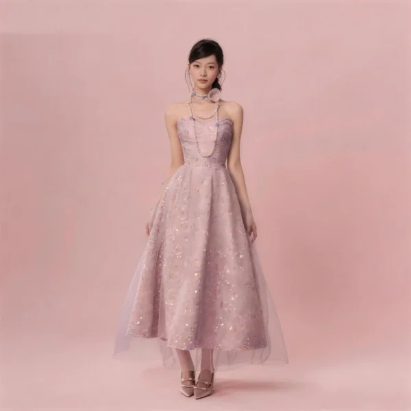 Lilac Strapless Tea-Length Formal Gown