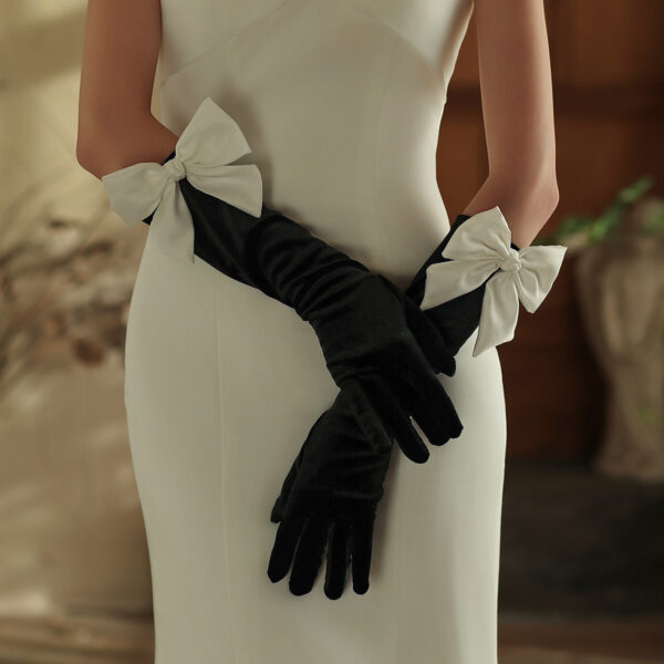 Black Satin Bridal Gloves with White Bow