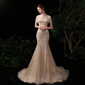 Champagne Off-the-Shoulder Beaded Mermaid Evening Dress