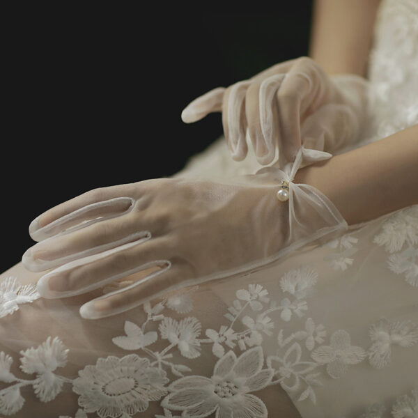 Sheer Tulle Bridal Gloves with Pearl Accent