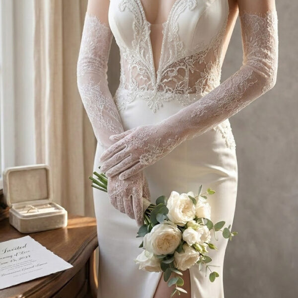 Opera Length Lace Bridal Gloves, Sheer White