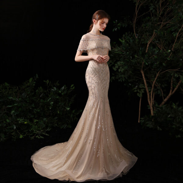 Champagne Off-the-Shoulder Beaded Mermaid Evening Dress