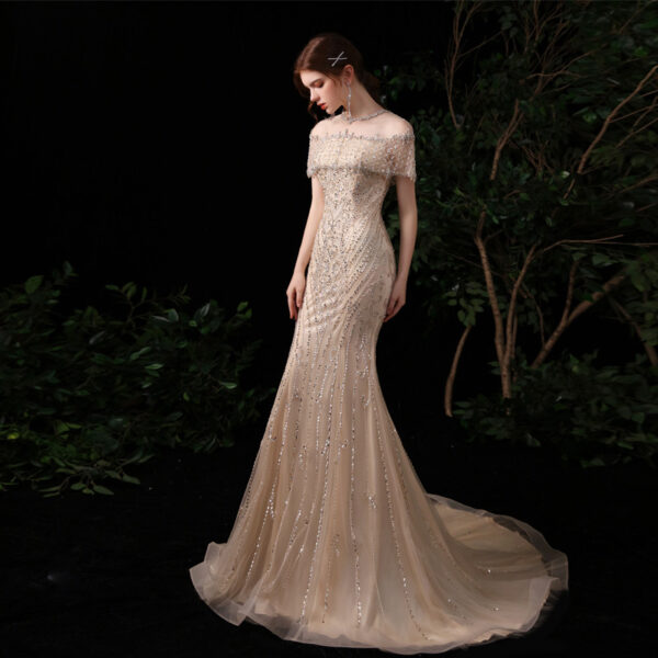 Champagne Off-the-Shoulder Beaded Mermaid Evening Dress