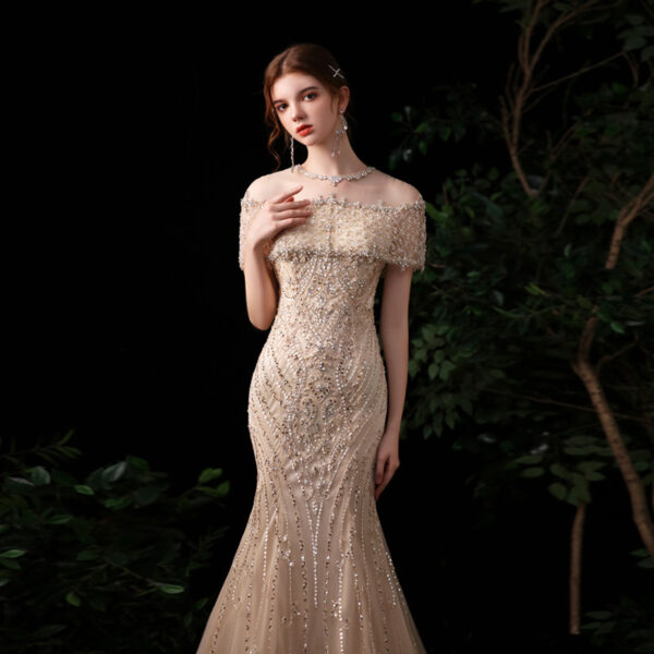 Champagne Off-the-Shoulder Beaded Mermaid Evening Dress