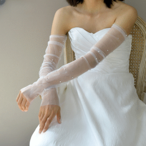 Bridal Pearl & Rhinestone Gloves White Elegant Long Pile-up Tulle Sleeve Cuffs Wedding Accessories