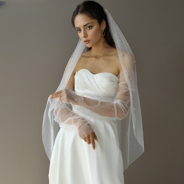 Bridal Pearl & Rhinestone Gloves White Elegant Long Pile-up Tulle Sleeve Cuffs Wedding Accessories