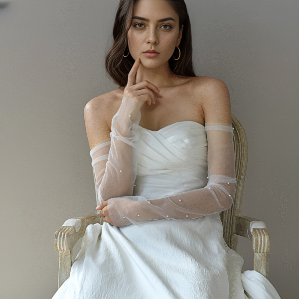 Bridal Pearl & Rhinestone Gloves White Elegant Long Pile-up Tulle Sleeve Cuffs Wedding Accessories