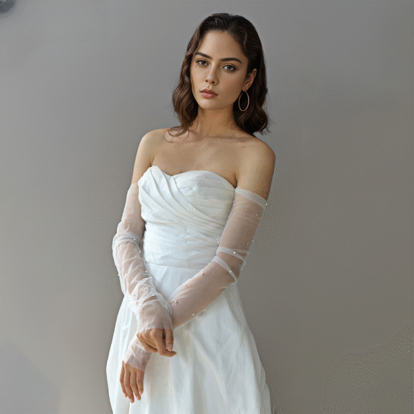 Bridal Pearl & Rhinestone Gloves White Elegant Long Pile-up Tulle Sleeve Cuffs Wedding Accessories