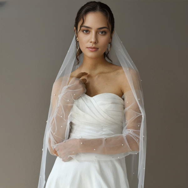 Bridal Pearl & Rhinestone Gloves White Elegant Long Pile-up Tulle Sleeve Cuffs Wedding Accessories