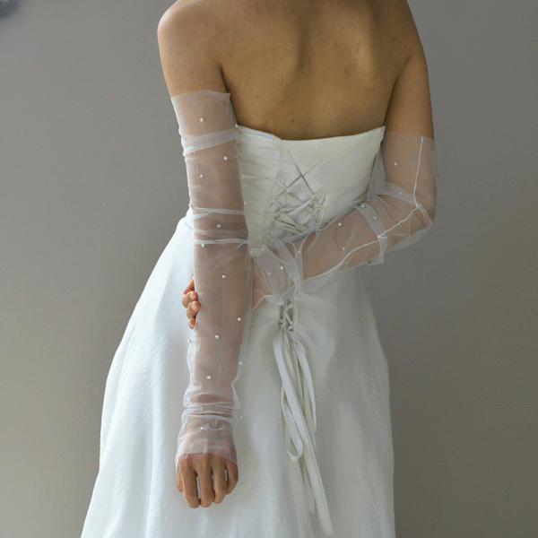 Bridal Pearl & Rhinestone Gloves White Elegant Long Pile-up Tulle Sleeve Cuffs Wedding Accessories