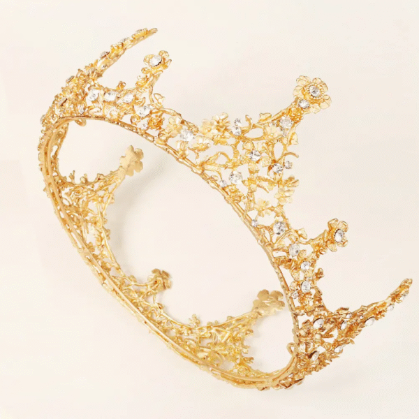 Luxury Vintage Gold Floral Bridal Crown | Alloy Diamond Full Round Tiara for Wedding
