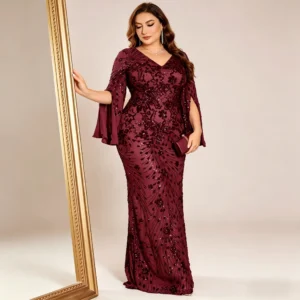 Plus Size Burgundy Sequin Mermaid Evening Dress with Split Sleeves