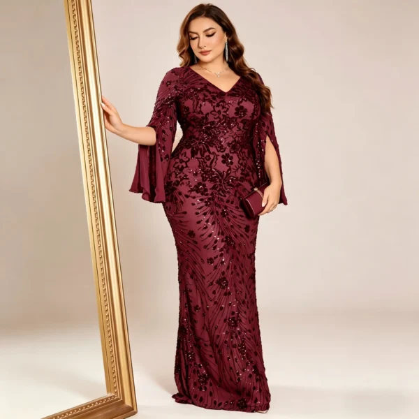 Plus Size Burgundy Sequin Mermaid Evening Dress with Split Sleeves