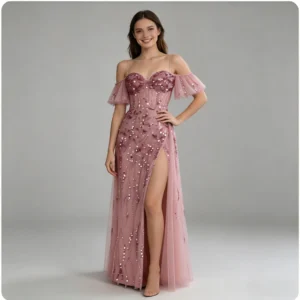 Pink Sequin Mermaid Evening Dress with Slit and Overskirt