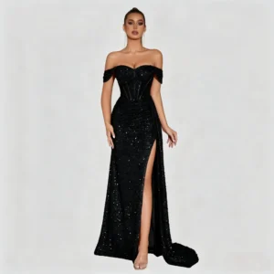 Black Off-the-Shoulder Sequin Mermaid Evening Dress