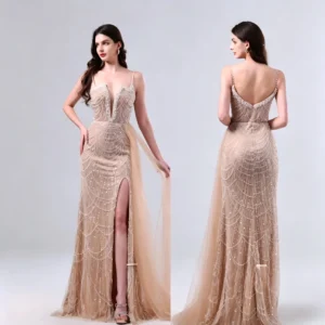 Champagne Beaded Mermaid Evening Dress with Slit and Overskirt