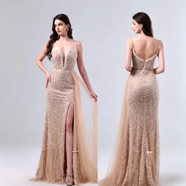Champagne Beaded Mermaid Evening Dress with Slit and Overskirt
