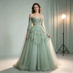 Sage Green Off-the-Shoulder Tulle Ball Gown Evening Dress