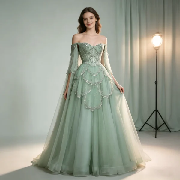Sage Green Off-the-Shoulder Tulle Ball Gown Evening Dress