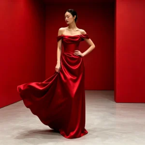 Elegant Red Satin Off-Shoulder Formal Evening Dress