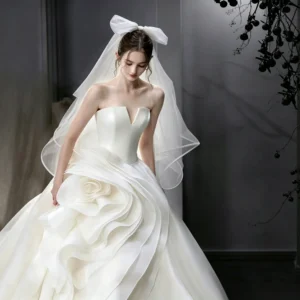 Strapless Satin Ball Gown with 3D Rose Ruffle Skirt