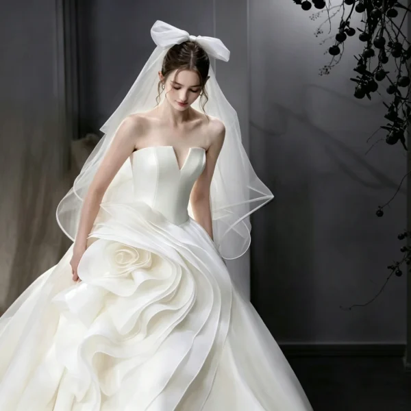 Strapless Satin Ball Gown with 3D Rose Ruffle Skirt