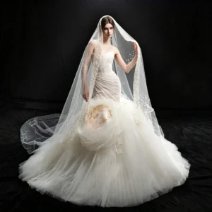 Strapless Mermaid Wedding Dress with Pearl-Edged Cathedral Veil & Voluminous Tulle Train