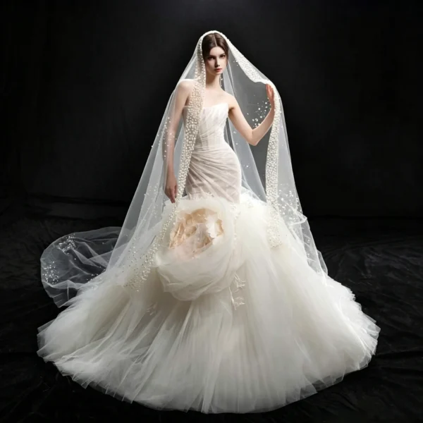 Strapless Mermaid Wedding Dress with Pearl-Edged Cathedral Veil & Voluminous Tulle Train