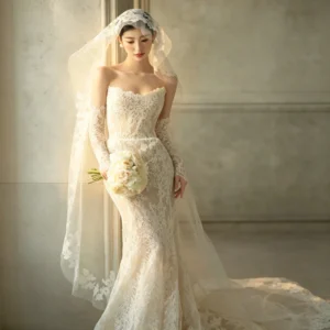 French Lace Mermaid Wedding Dress Strapless Bridal Gown