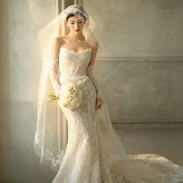 French Lace Mermaid Wedding Dress Strapless Bridal Gown