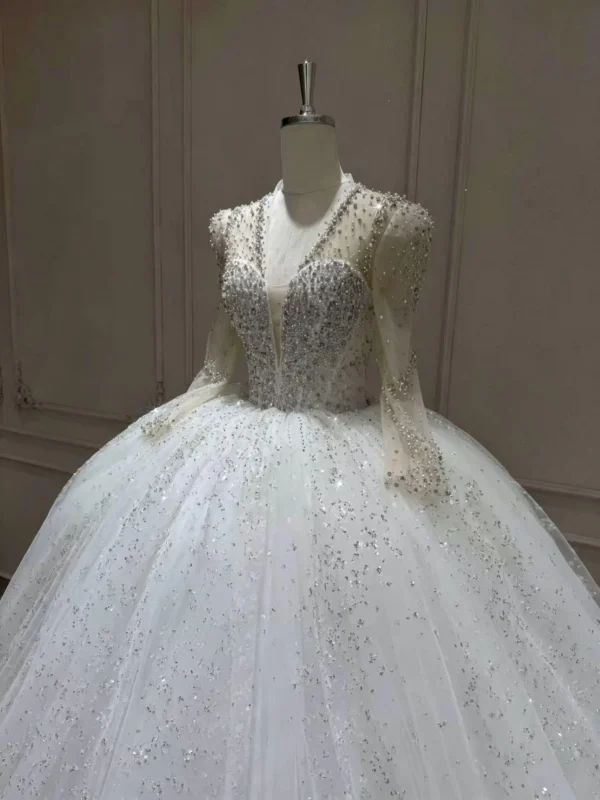 Opulent Long Sleeve Wedding Dress with Shimmering Tulle