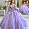 Lavender Off Shoulder Puff Sleeve Sweet 16 Dress Lace Corset Ball Gown