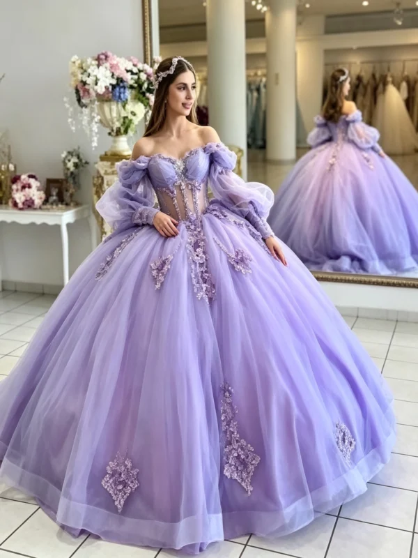 Lavender Off Shoulder Puff Sleeve Sweet 16 Dress Lace Corset Ball Gown