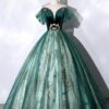 Emerald Green Off Shoulder Sweet 16 Dress Gold Glitter Tulle Ball Gown