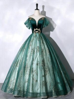 Emerald Green Off Shoulder Sweet 16 Dress Gold Glitter Tulle Ball Gown