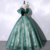 Emerald Green Off Shoulder Sweet 16 Dress Gold Glitter Tulle Ball Gown