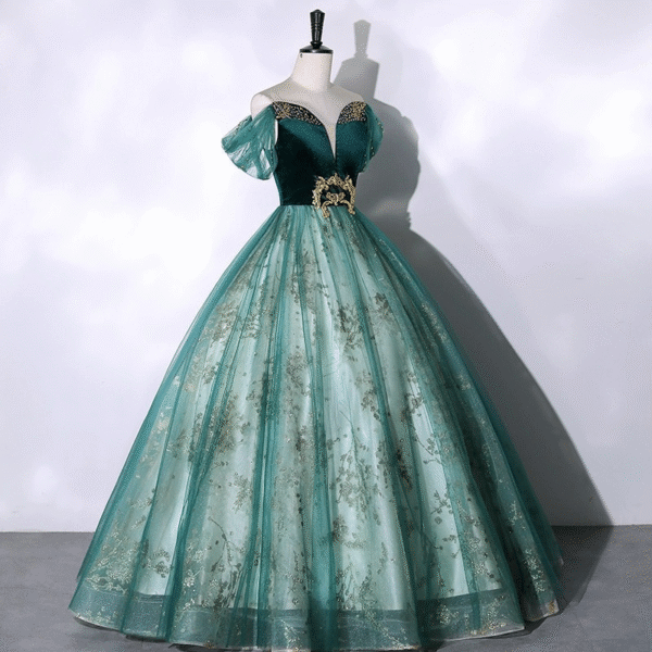 Emerald Green Off Shoulder Sweet 16 Dress Gold Glitter Tulle Ball Gown