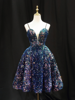 Iridescent Sequin Spaghetti Strap Sweet 16 Dress Short Mini Ball Gown