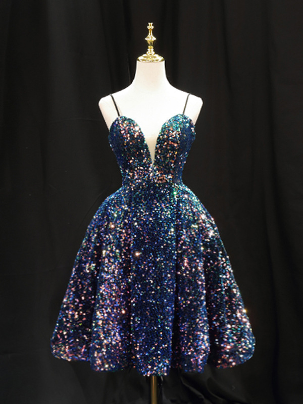 Iridescent Sequin Spaghetti Strap Sweet 16 Dress Short Mini Ball Gown
